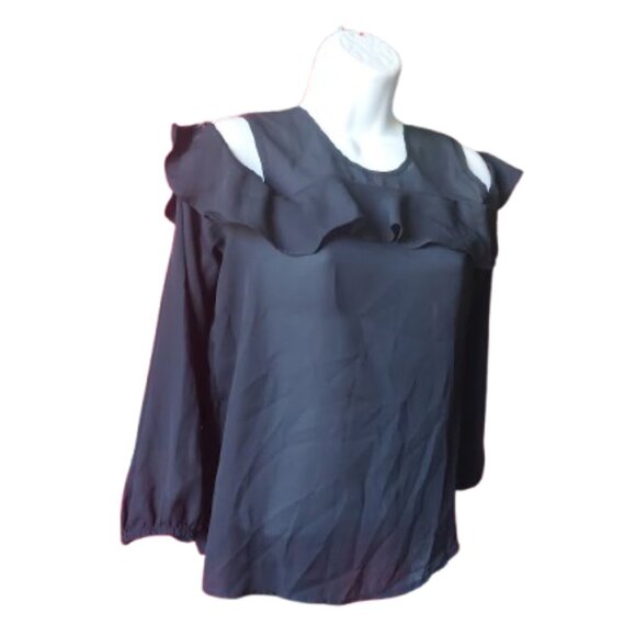 Long Sleeve Black Blouse Blousy Top with Shoulder Cut Outs Size Medium - Picture 3 of 5